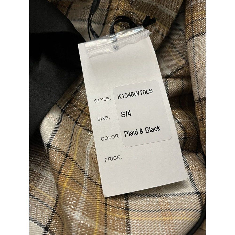 Ladies Small 4 Beige Plaid Cropped Wrap Jacket Metallic Black Satin Yoke NWT - Picture 6 of 7